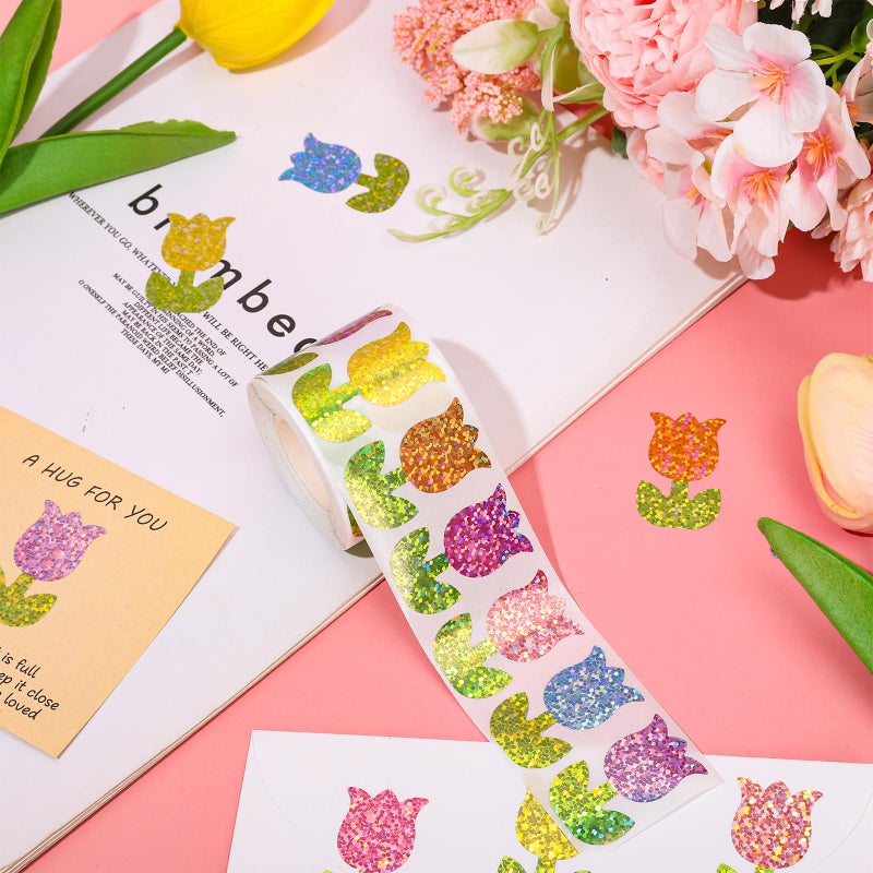 Whaline Spring Tulip Stickers Roll Laser Colorful Flower Shape Seal Stickers Floral Waterproof Self-Adhesive Decals for Envelope Journal Decor Birthday Holiday, 500 Pcs - Image 3
